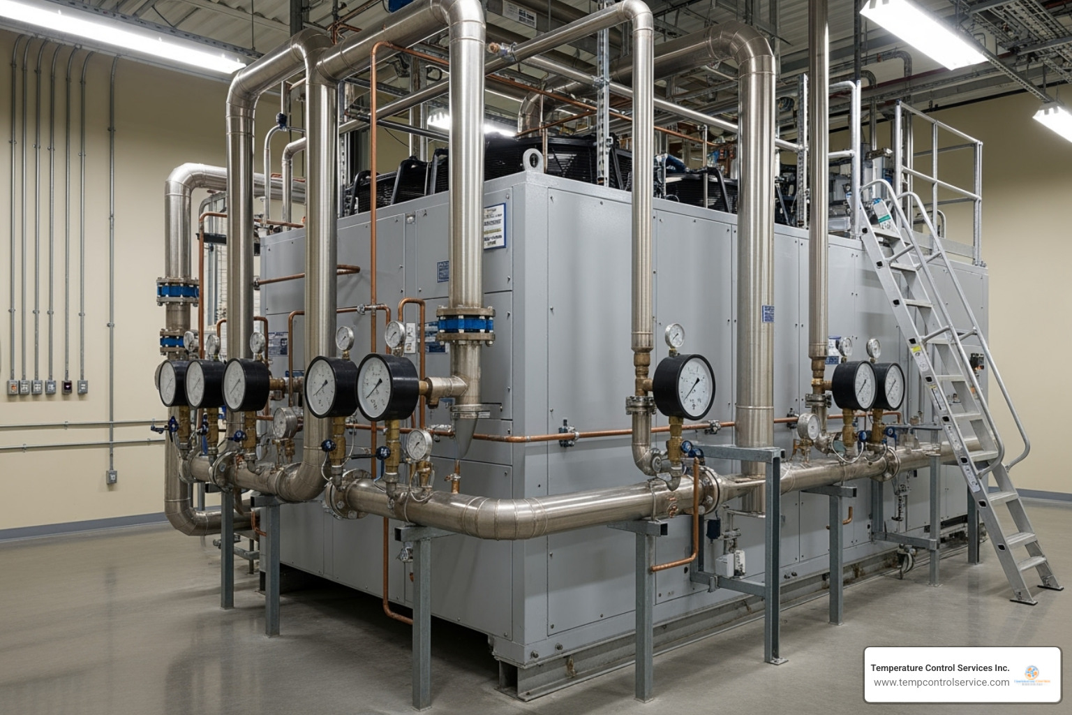 a large chiller unit in a mechanical room - commercial hvac maintenance durham nc a large chiller unit in a mechanical room - commercial hvac maintenance durham nc