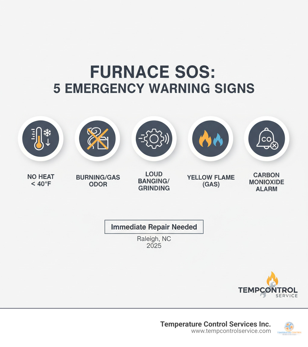 Infographic showing the top 5 warning signs that indicate you need emergency furnace repair: no heat production when outdoor temperature drops below 40 degrees, strange burning or gas odors from the unit, loud mechanical noises like banging or grinding, yellow flame instead of blue in gas furnaces, and carbon monoxide detector alarms sounding - emergency furnace repair raleigh nc infographic 