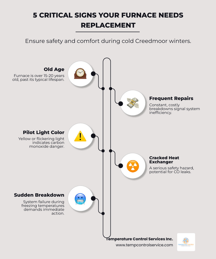 Infographic showing the 5 critical signs your furnace needs immediate replacement: 1. Furnace age over 15-20 years, 2. Frequent and costly repairs, 3. Yellow or flickering pilot light indicating carbon monoxide risk, 4. Cracked heat exchanger creating safety hazards, 5. Sudden system failure during freezing temperatures - furnace replacement 24 hour in creedmoor, nc infographic infographic-line-5-steps-elegant_beige