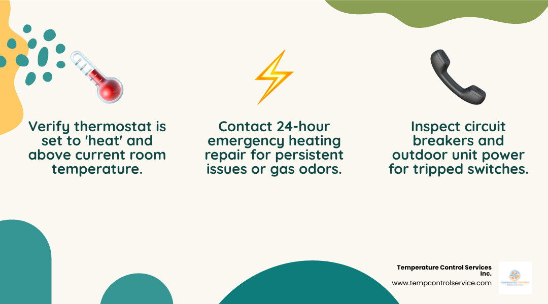Infographic showing emergency heating repair steps: Step 1 - Check thermostat settings and ensure it's on heat mode. Step 2 - Inspect circuit breakers and outdoor unit power. Step 3 - Call a 24-hour emergency heating repair service immediately if issues persist or if you detect gas odors or burning smells - heating repair 24 hour in creedmoor, nc infographic 3_facts_emoji_nature