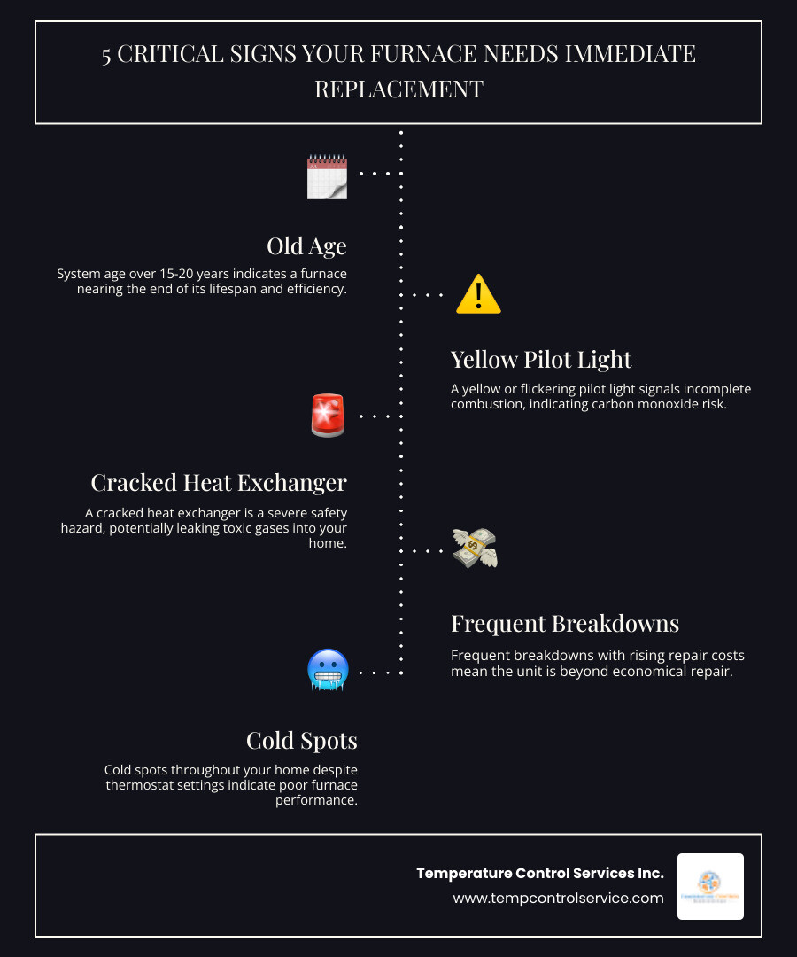 Infographic showing 5 critical signs your furnace needs immediate replacement: system age over 15-20 years, yellow or flickering pilot light indicating carbon monoxide risk, cracked heat exchanger creating safety hazard, frequent breakdowns with rising repair costs, and cold spots throughout home despite thermostat settings - furnace installation 24 hour in creedmoor, nc infographic infographic-line-5-steps-dark