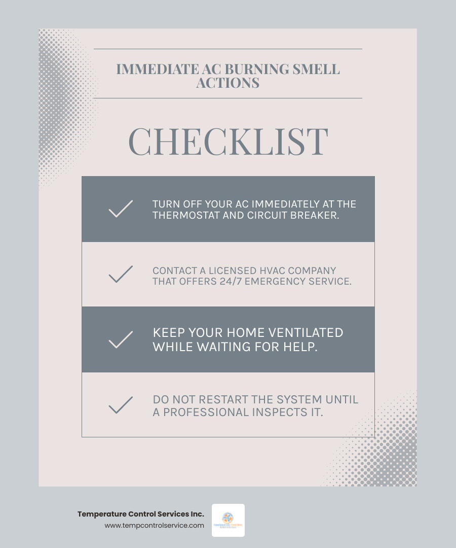 Infographic showing four immediate steps when detecting a burning smell from AC: Step 1 - Turn off AC at thermostat immediately, Step 2 - Switch off circuit breaker to AC unit, Step 3 - Open windows for ventilation, Step 4 - Call 24/7 emergency HVAC service; includes warning symbols for electrical hazards and fire risk - "My AC has a burning smell. Which companies in the Durham area can I call for an emergency repair?" infographic checklist-light-blue-grey