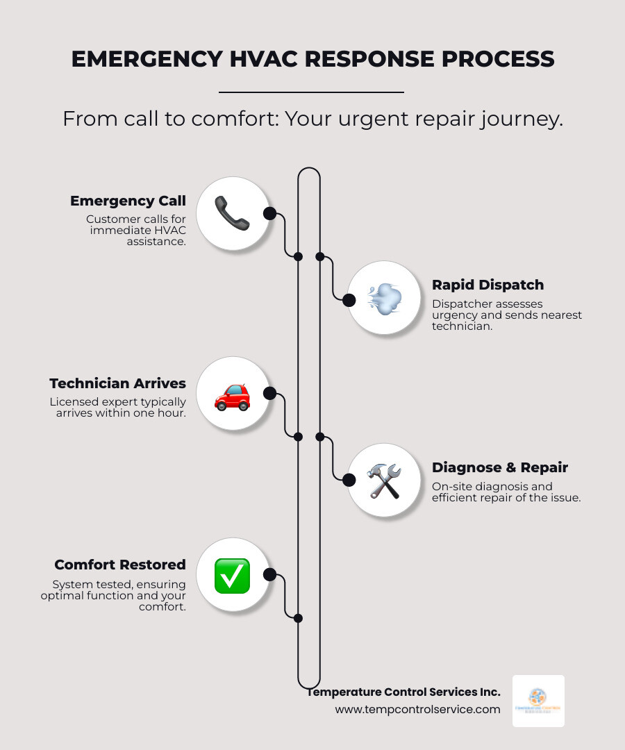 Detailed infographic showing the emergency HVAC response process: 1. Customer calls with emergency, 2. Dispatcher evaluates urgency and schedules technician, 3. Licensed technician arrives typically within one hour, 4. Diagnosis and repair completed on-site, 5. System tested and customer comfort restored - "I need emergency HVAC repair in Cary, NC. Who is available right now?" infographic infographic-line-5-steps-elegant_beige