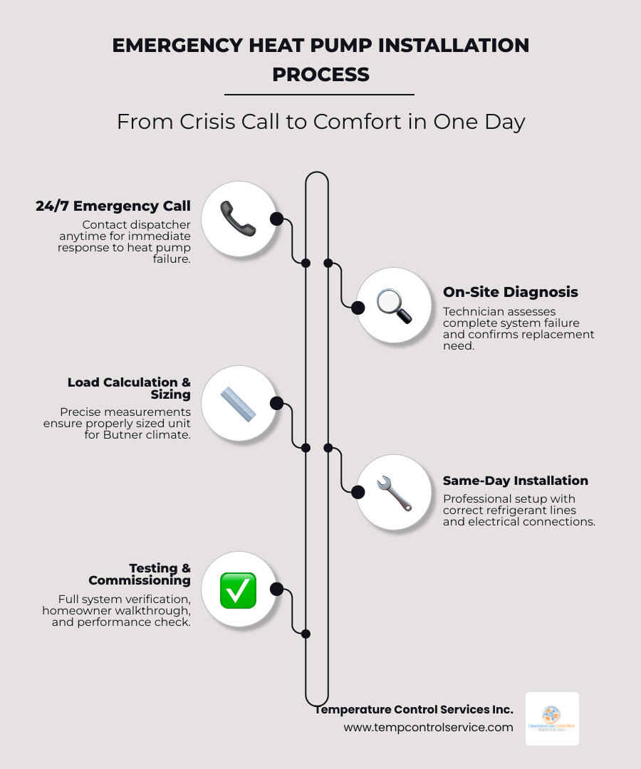 Infographic showing emergency heat pump installation process: Step 1 - Call dispatcher for 24/7 response, Step 2 - Technician diagnoses complete failure on-site, Step 3 - Load calculation and equipment sizing, Step 4 - Same-day installation with proper commissioning, Step 5 - Testing and verification of all functions, Step 6 - Homeowner walkthrough and warranty registration - heat pump installation emergency in butner, nc infographic infographic-line-5-steps-elegant_beige