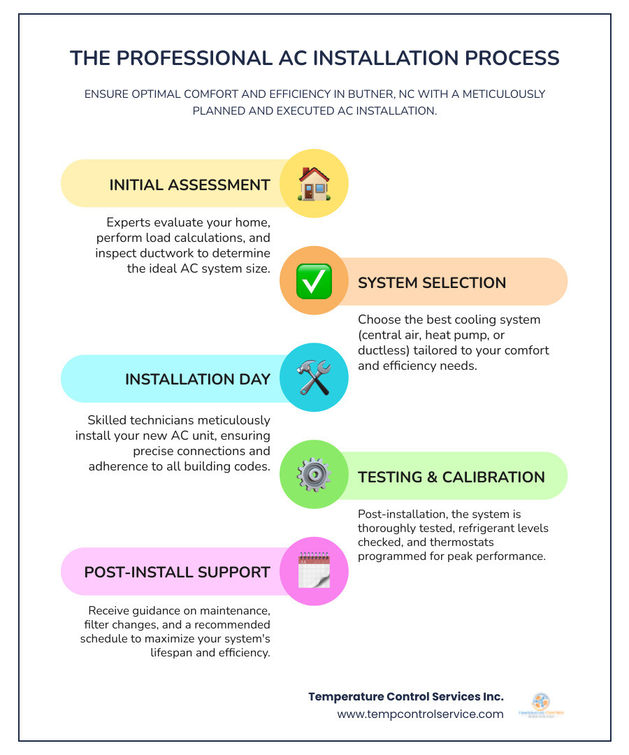 detailed infographic showing the professional AC installation process from initial consultation through load calculation system selection ductwork inspection installation day testing and post-installation maintenance schedule - ac installation company in butner, nc infographic infographic-line-5-steps-colors detailed infographic showing the professional AC installation process from initial consultation through load calculation system selection ductwork inspection installation day testing and post-installation maintenance schedule - ac installation company in butner, nc infographic infographic-line-5-steps-colors
