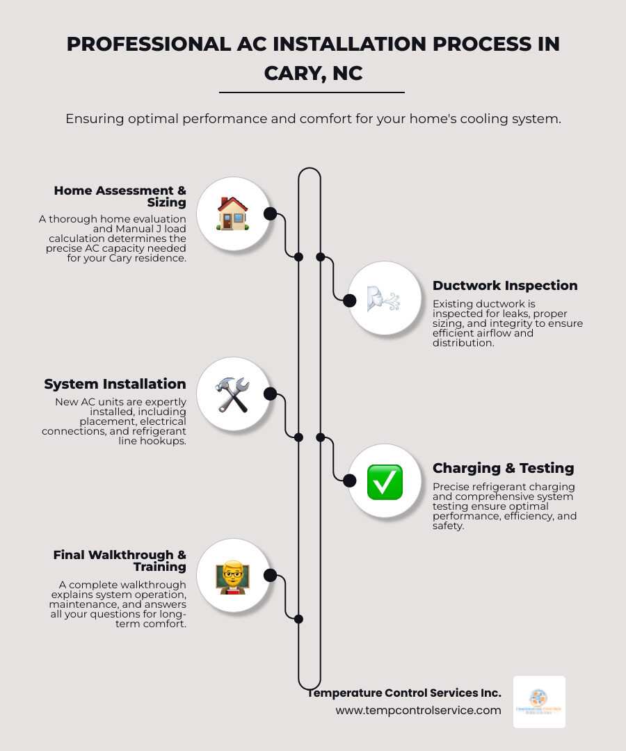 infographic showing the professional AC installation process including home evaluation, load calculation, system selection, ductwork inspection, installation day, refrigerant charging, system testing, and final walkthrough with homeowner education - ac installation in cary, nc infographic infographic-line-5-steps-elegant_beige infographic showing the professional AC installation process including home evaluation, load calculation, system selection, ductwork inspection, installation day, refrigerant charging, system testing, and final walkthrough with homeowner education - ac installation in cary, nc infographic infographic-line-5-steps-elegant_beige