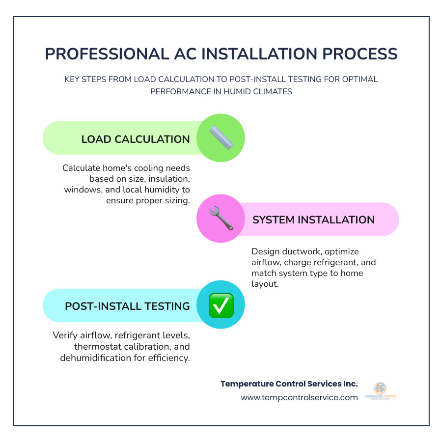 Infographic: Professional AC Installation Process in Durham NC - key steps from load calculation to post-install testing Infographic: Professional AC Installation Process in Durham NC - key steps from load calculation to post-install testing