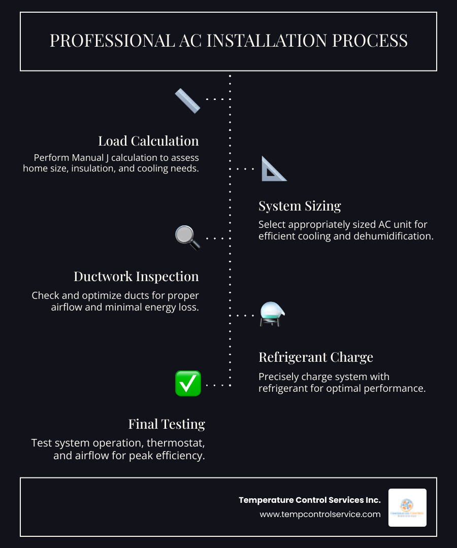 infographic showing professional AC installation process steps including load calculation, system sizing, ductwork inspection, refrigerant charge, and final testing - ac installation best in creedmoor, nc infographic infographic-line-5-steps-dark