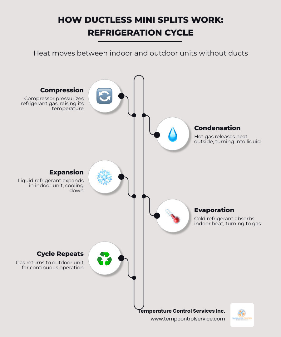 Infographic showing outdoor condenser connected to indoor air handler via refrigerant lines with key benefits listed Infographic showing outdoor condenser connected to indoor air handler via refrigerant lines with key benefits listed