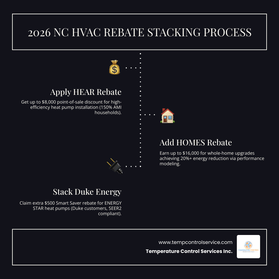 Infographic showing 2026 North Carolina HVAC rebate stacking process: HEAR plus HOMES plus Duke Energy Smart Saver - north Infographic showing 2026 North Carolina HVAC rebate stacking process: HEAR plus HOMES plus Duke Energy Smart Saver - north