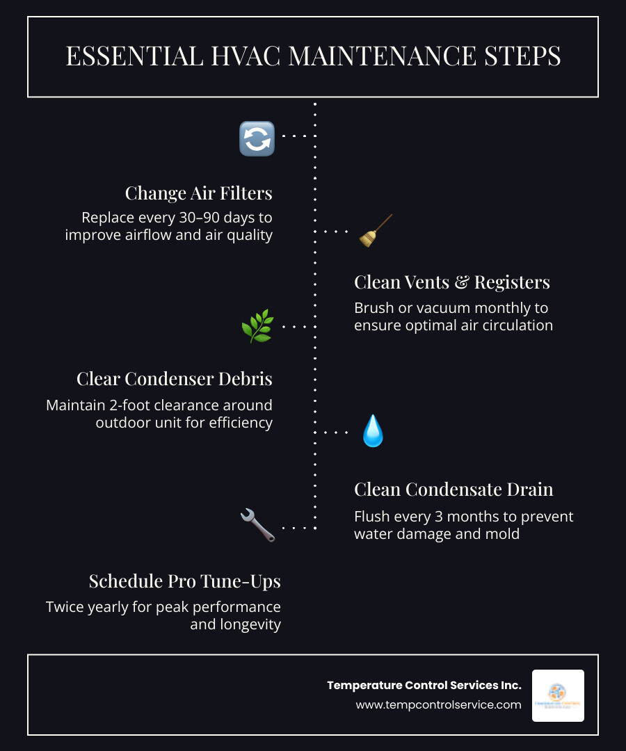Infographic showing key HVAC maintenance steps: filter changes, coil cleaning, duct sealing, thermostat settings, and Infographic showing key HVAC maintenance steps: filter changes, coil cleaning, duct sealing, thermostat settings, and