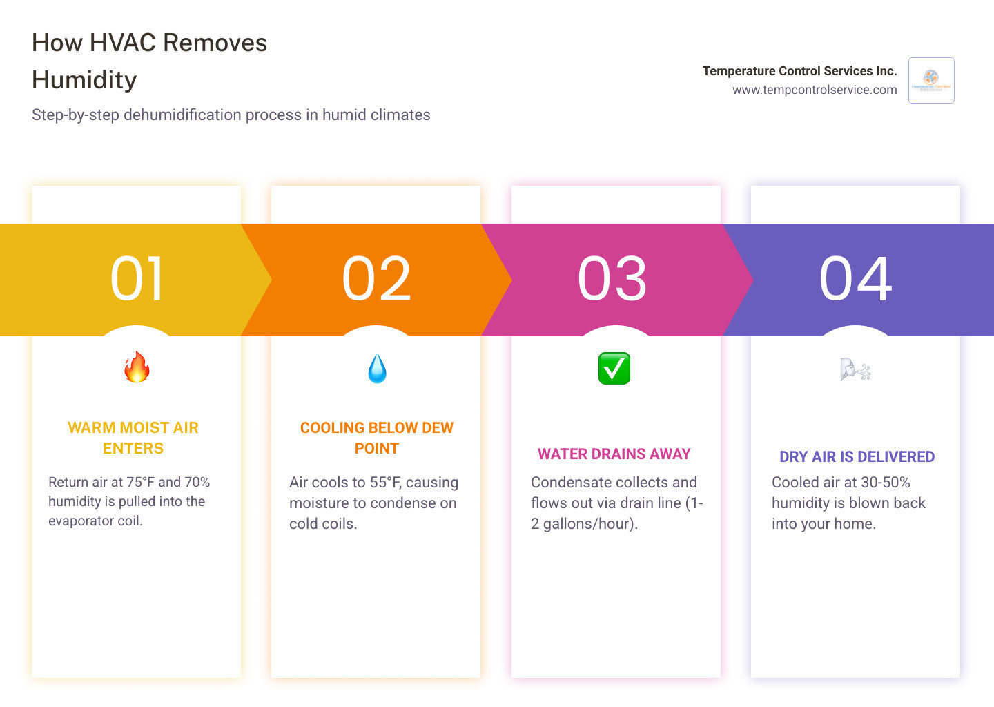 Infographic showing how HVAC systems remove humidity from indoor air, step-by-step dehumidification process - hvac Infographic showing how HVAC systems remove humidity from indoor air, step-by-step dehumidification process - hvac