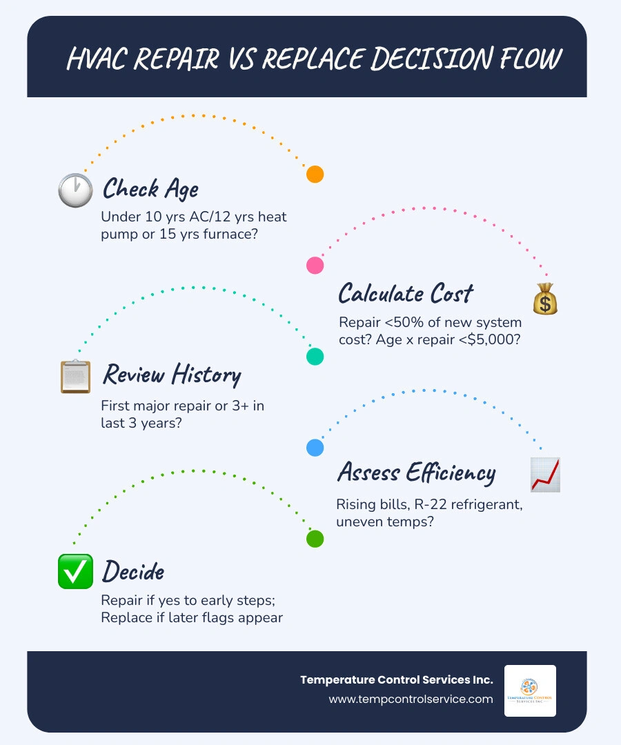 HVAC repair vs replace decision flowchart showing age, repair cost, and efficiency thresholds - when to repair vs replace HVAC repair vs replace decision flowchart showing age, repair cost, and efficiency thresholds - when to repair vs replace