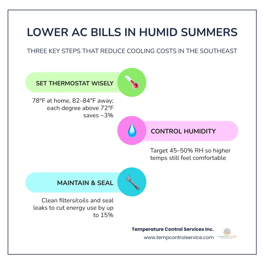 Infographic showing five factors that affect summer AC bills: temperature settings, indoor humidity, AC maintenance, home