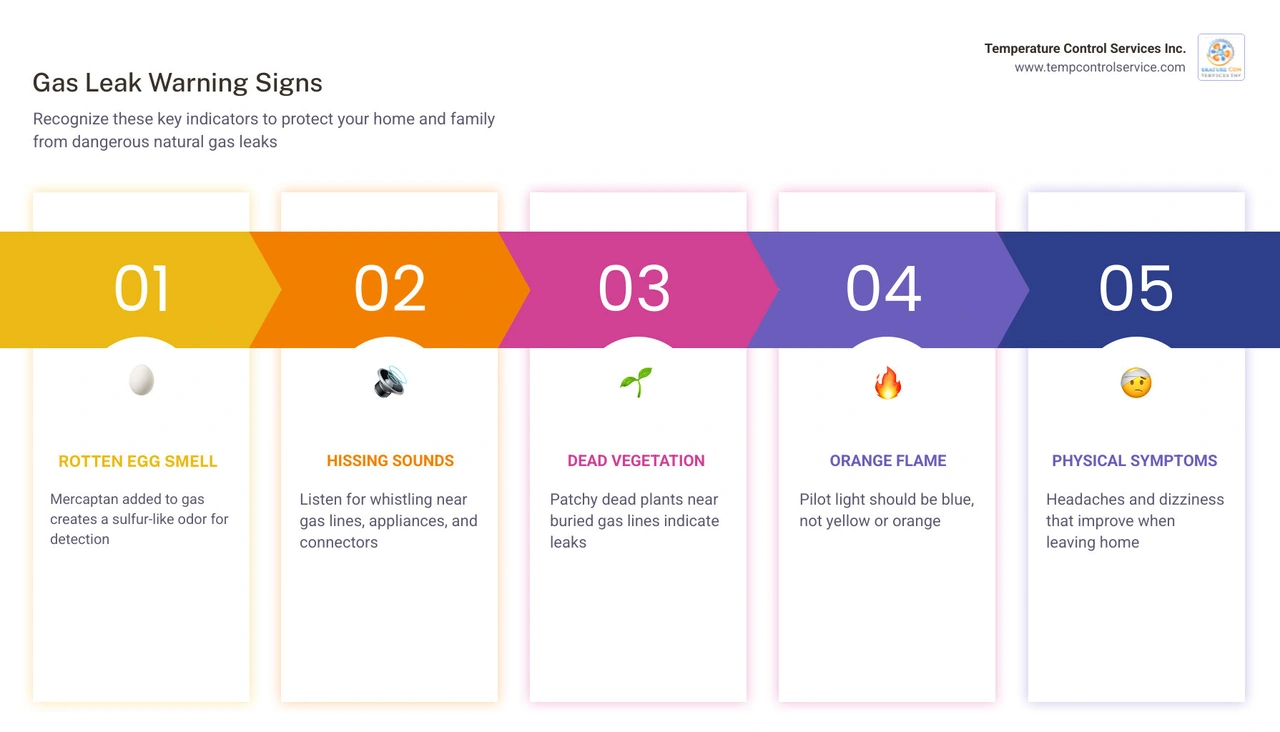 Infographic showing 7 gas leak warning signs every homeowner should know including smell hissing flame color and symptoms Infographic showing 7 gas leak warning signs every homeowner should know including smell hissing flame color and symptoms