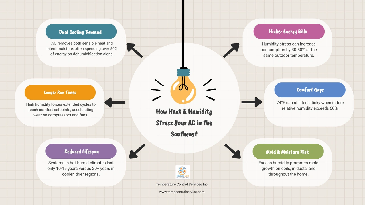 Infographic showing sensible vs latent heat load, humidity effects on AC runtime, energy use, and lifespan in the Southeast Infographic showing sensible vs latent heat load, humidity effects on AC runtime, energy use, and lifespan in the Southeast