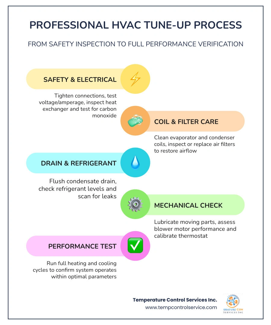 Infographic showing the steps of a professional HVAC tune-up from safety checks to performance testing infographic Infographic showing the steps of a professional HVAC tune-up from safety checks to performance testing infographic