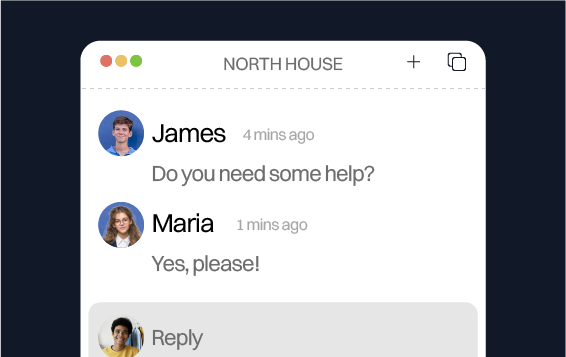 A screenshot of the IWS House system chat interface showing students supporting each other, illustrating the social connection and friendship in online learning.