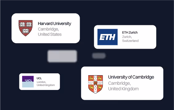 A collection of prestigious university logos including Harvard, Cambridge, and ETH Zurich, representing the global opportunities available to IWS graduates.