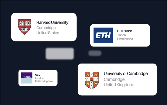 A collection of prestigious university logos including Harvard, Cambridge, and ETH Zurich, representing the global opportunities available to IWS graduates.