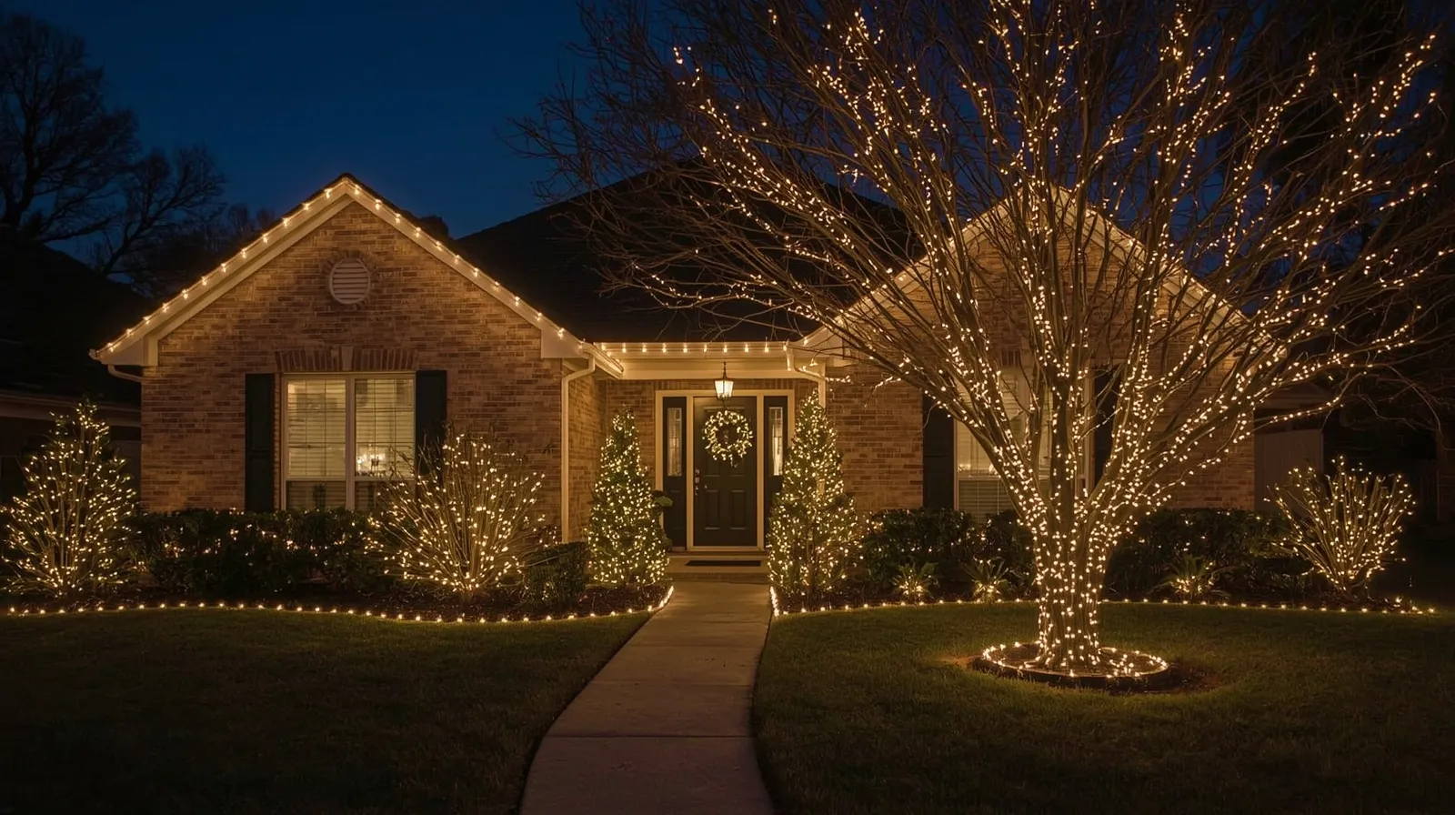 Holiday lighting installation in Mansfield, TX with custom warm white lighting design