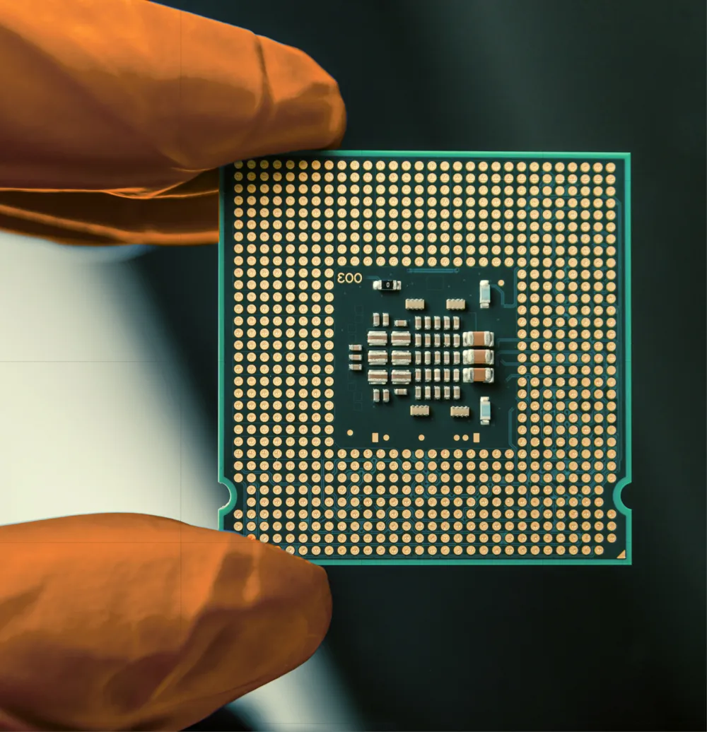 Hand with a glove holding a computer chip