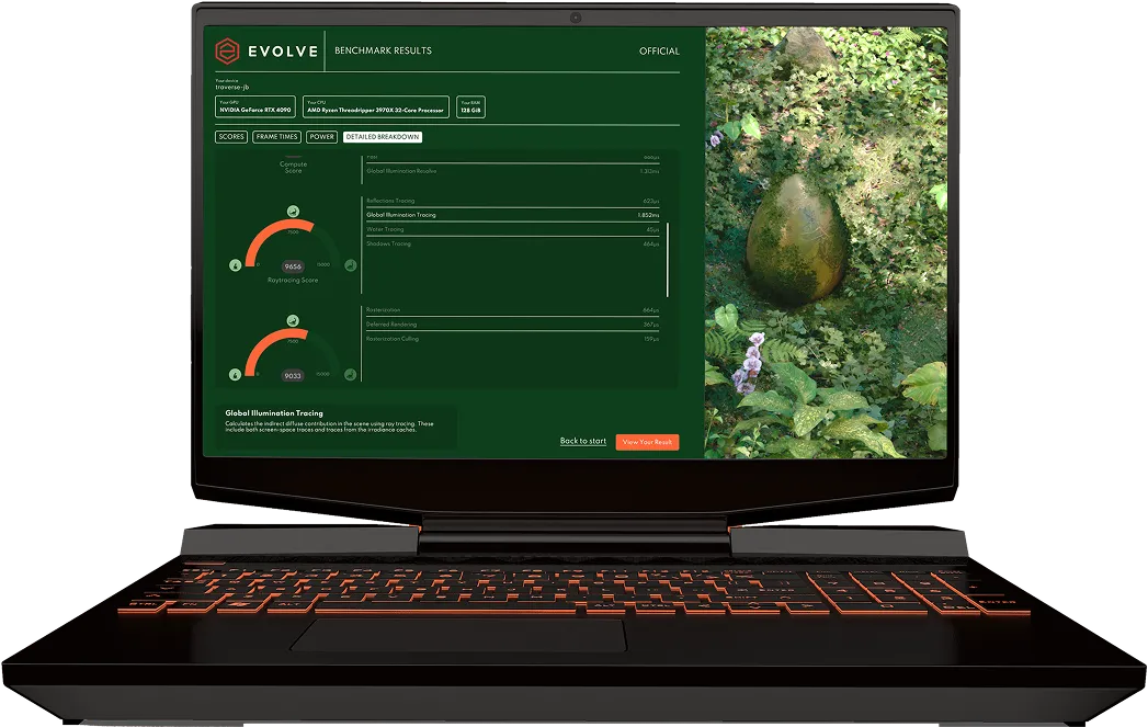Laptop showing Evolve Benchmark interface on screen