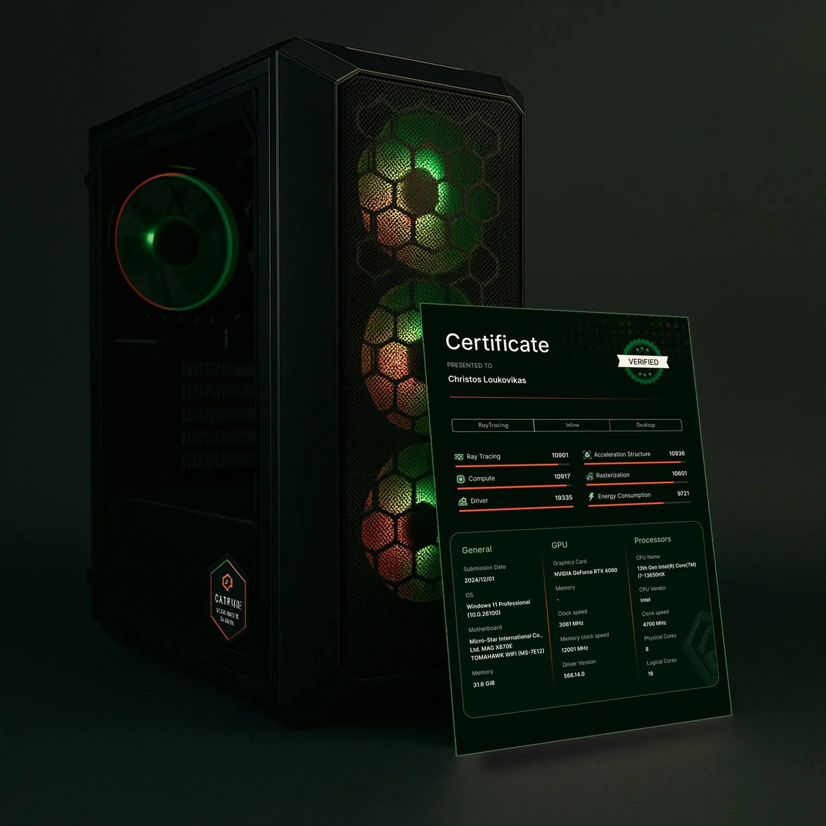Evolve Benchmark Certificate next to a gaming PC box