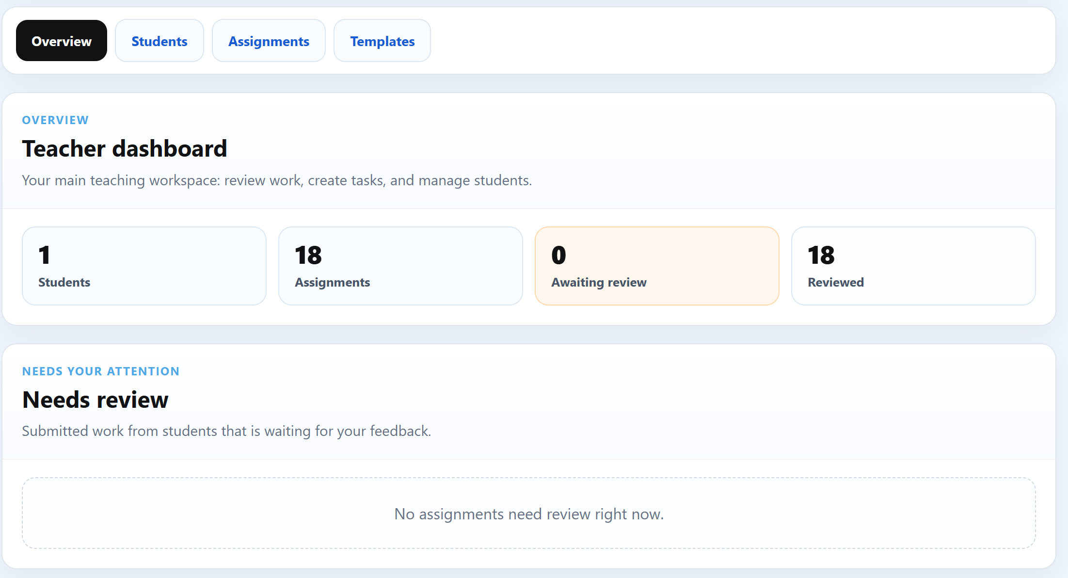Evo-English teacher dashboard overview