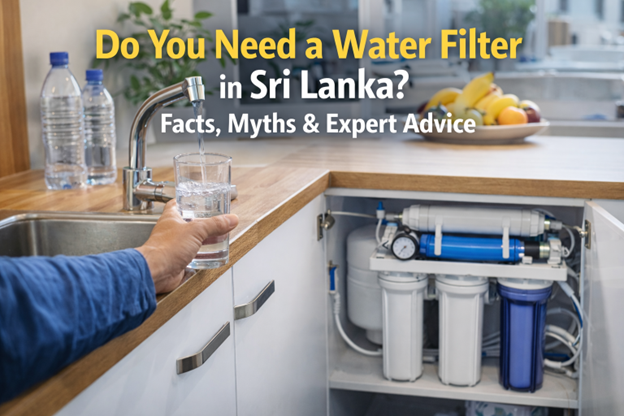 Home water purifier system filtering tap water in Sri Lanka kitchen
