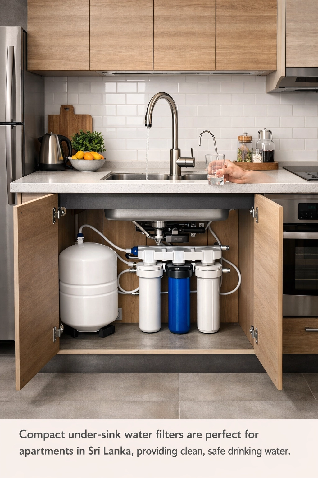 Under-sink water filter installed in a modern Sri Lankan apartment kitchen