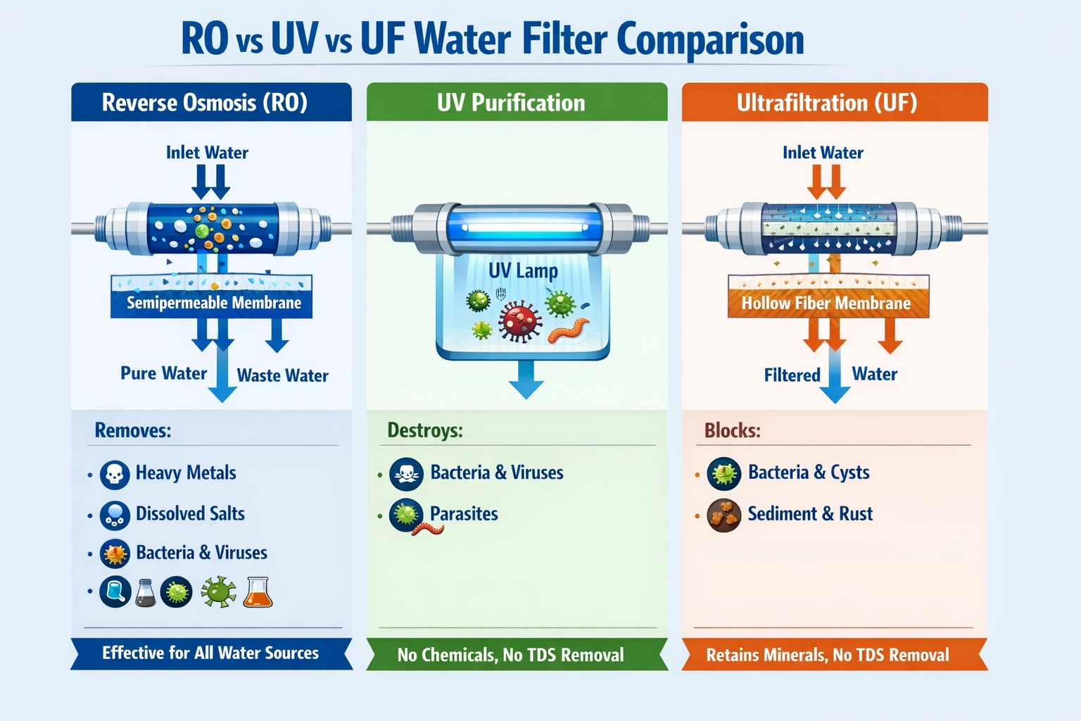 Comparison of RO vs UV vs UF water filters and how they work