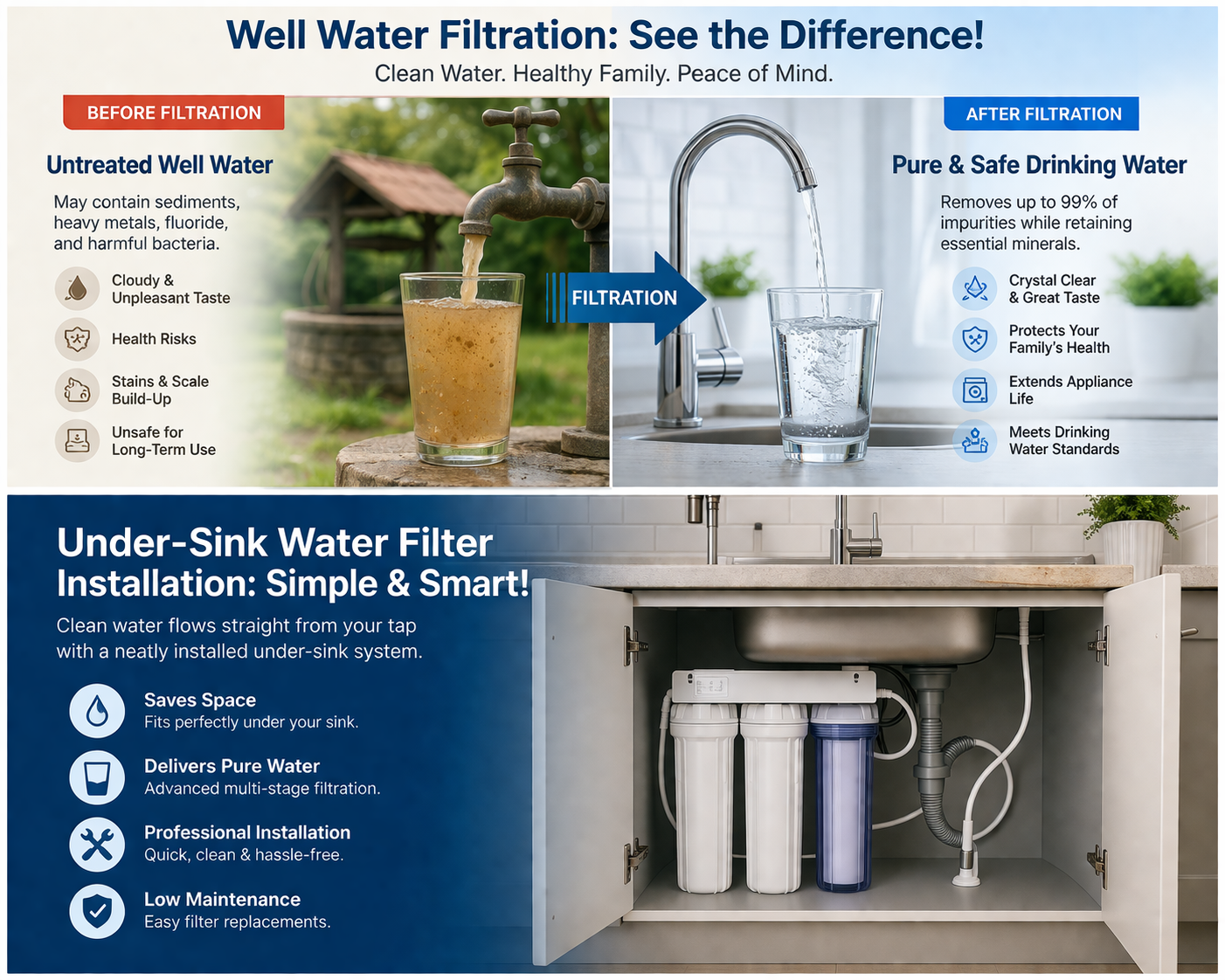 Well water filtration infographic showing before and after purification and under sink water filter installation