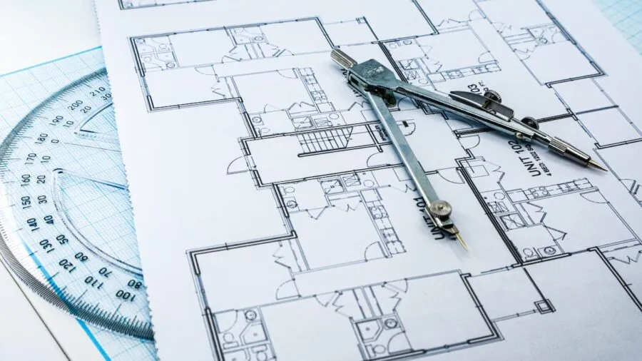 Architektenleistungen mit Bauplan, Zirkel und technischer Planung