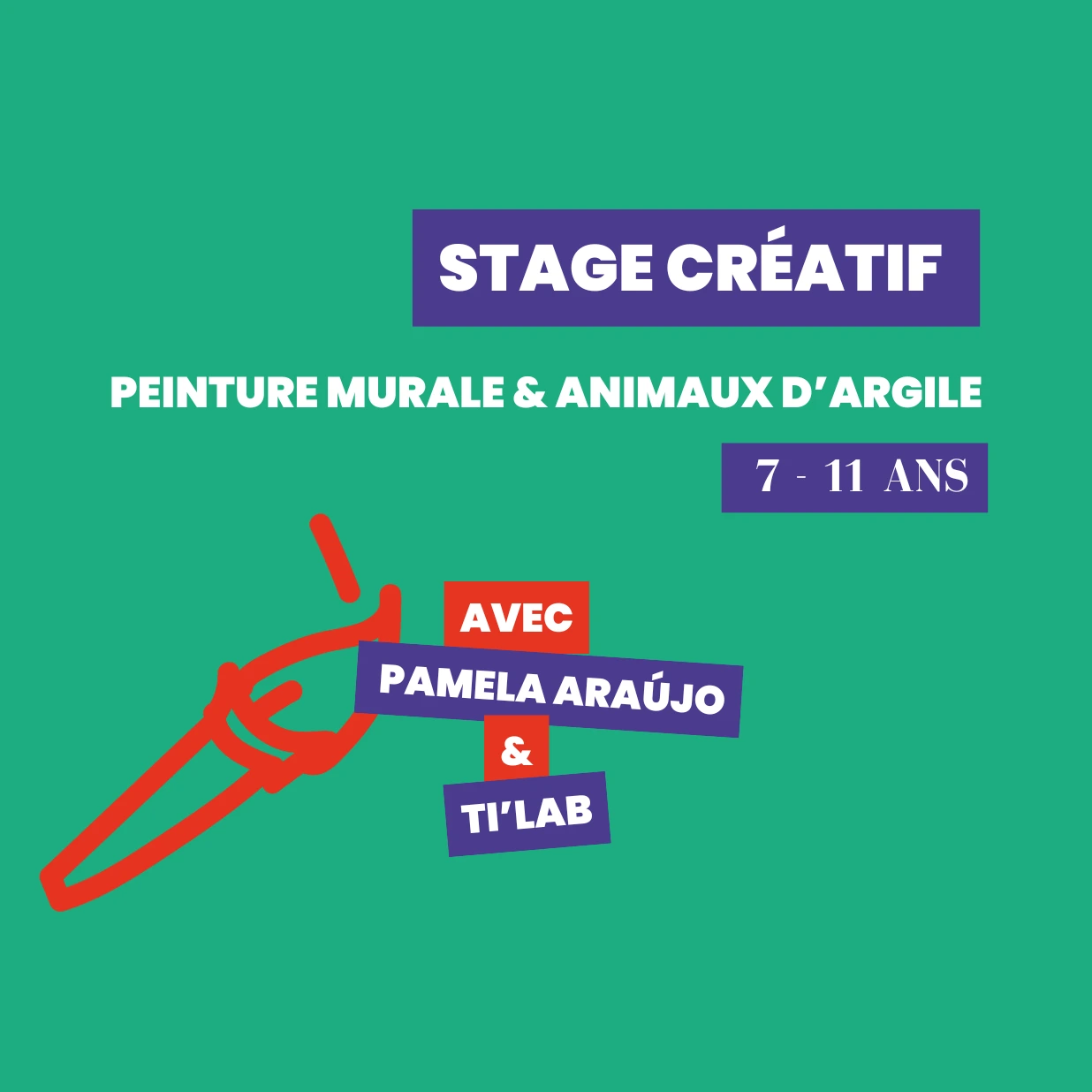 Visuel vert représentant un pictogramme de pinceau rouge annonçant le premier stage créatif des vacances de la Toussaint.