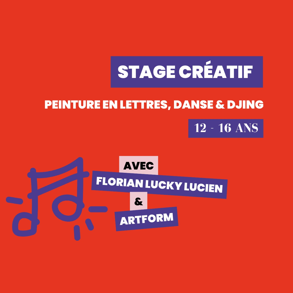 Visuel rouge représentant un pictogramme de musique rouge annonçant le premier stage créatif des vacances de la Toussaint.