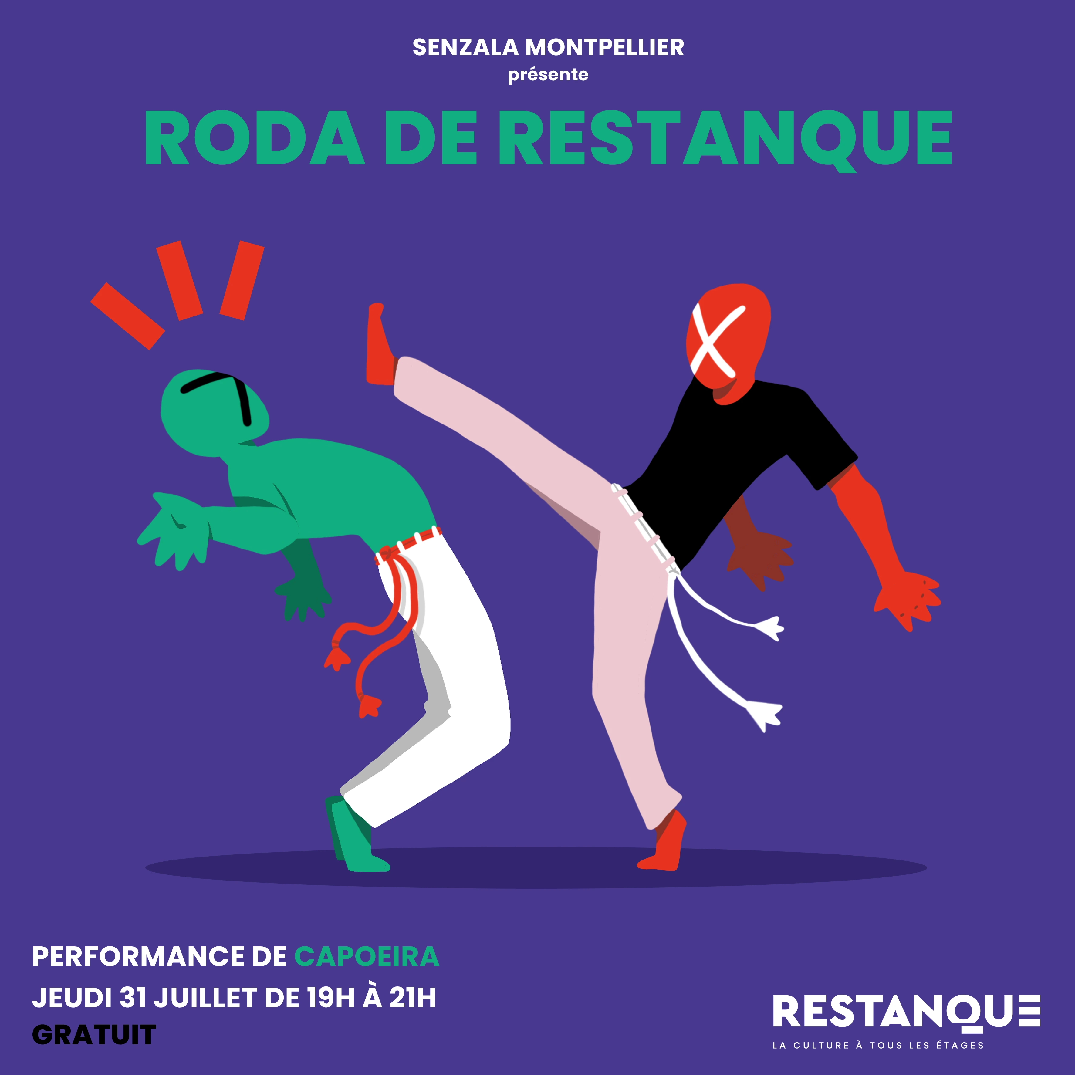 Visuel sur fond violet représentant deux personnages de l'artiste Mara en pleine capoeira.