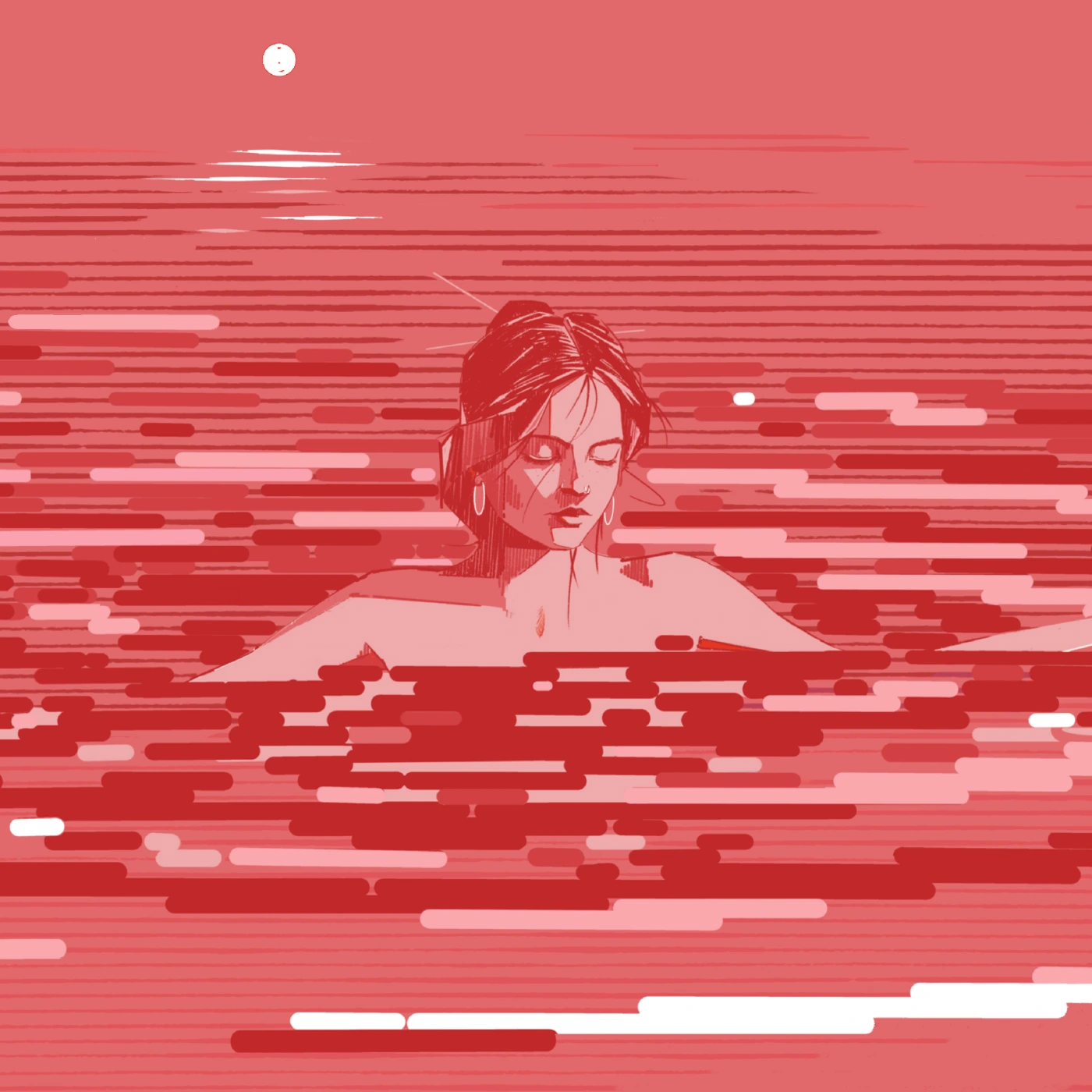 Visuel d'une femme sur fond rouge, se baignant, le haut de son corps est visible.