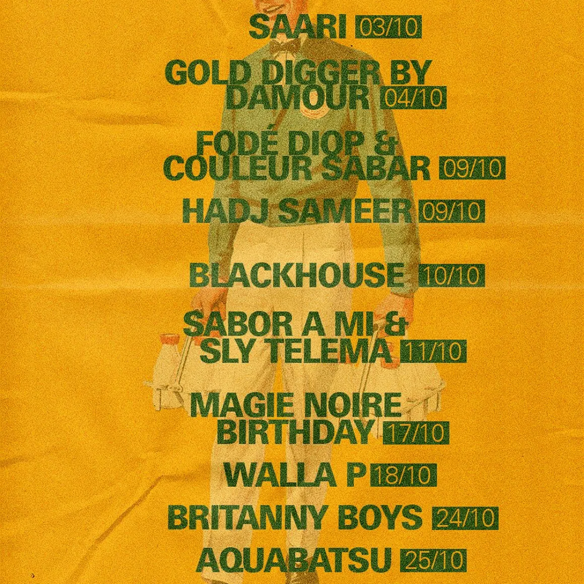 Visuel jaune avec un homme portant des caisses de bouteilles de lait en fond, reprenant la liste des noms des dj résidents.