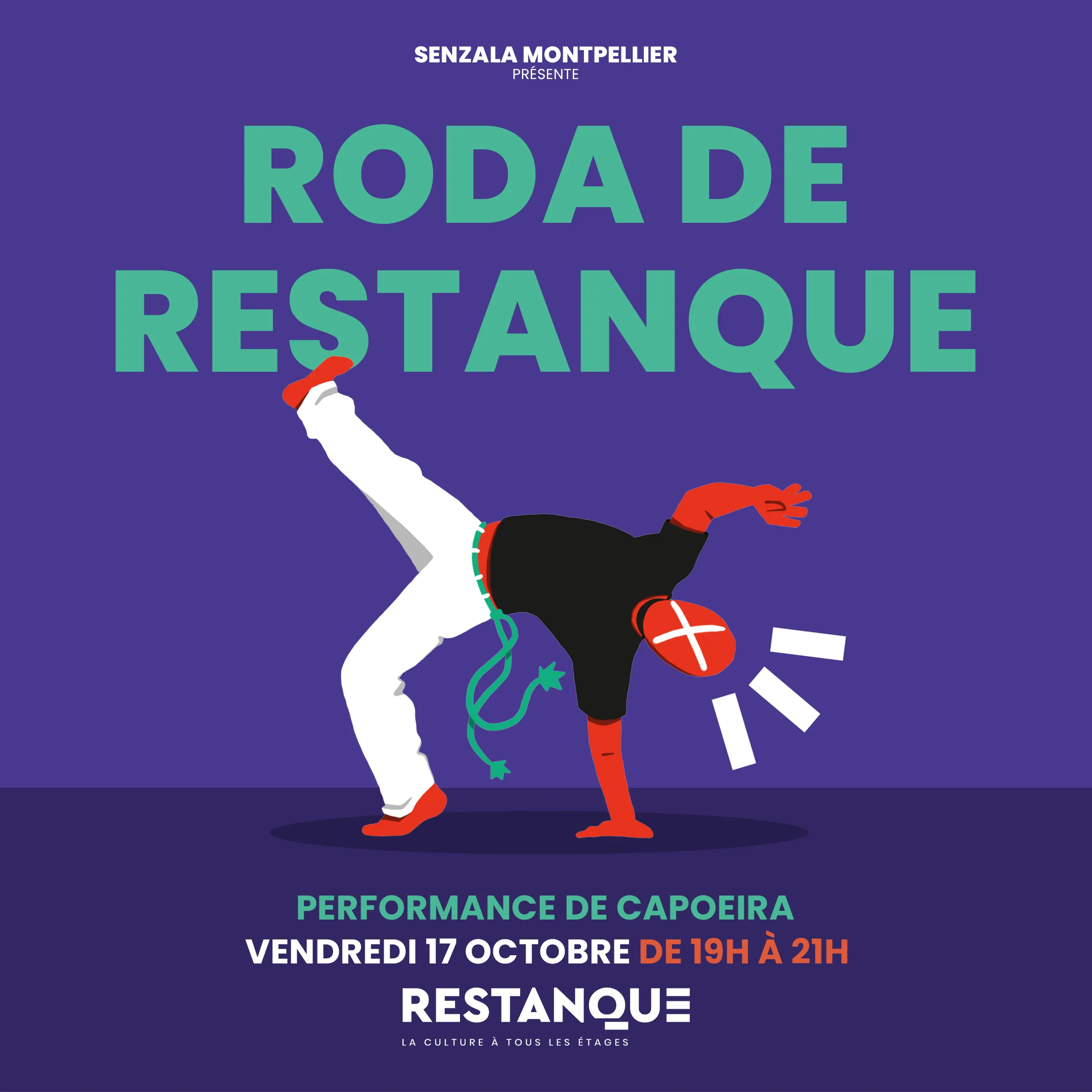 Visuel sur fond violet représentant un personnage de l'artiste Mara en pleine capoeira.