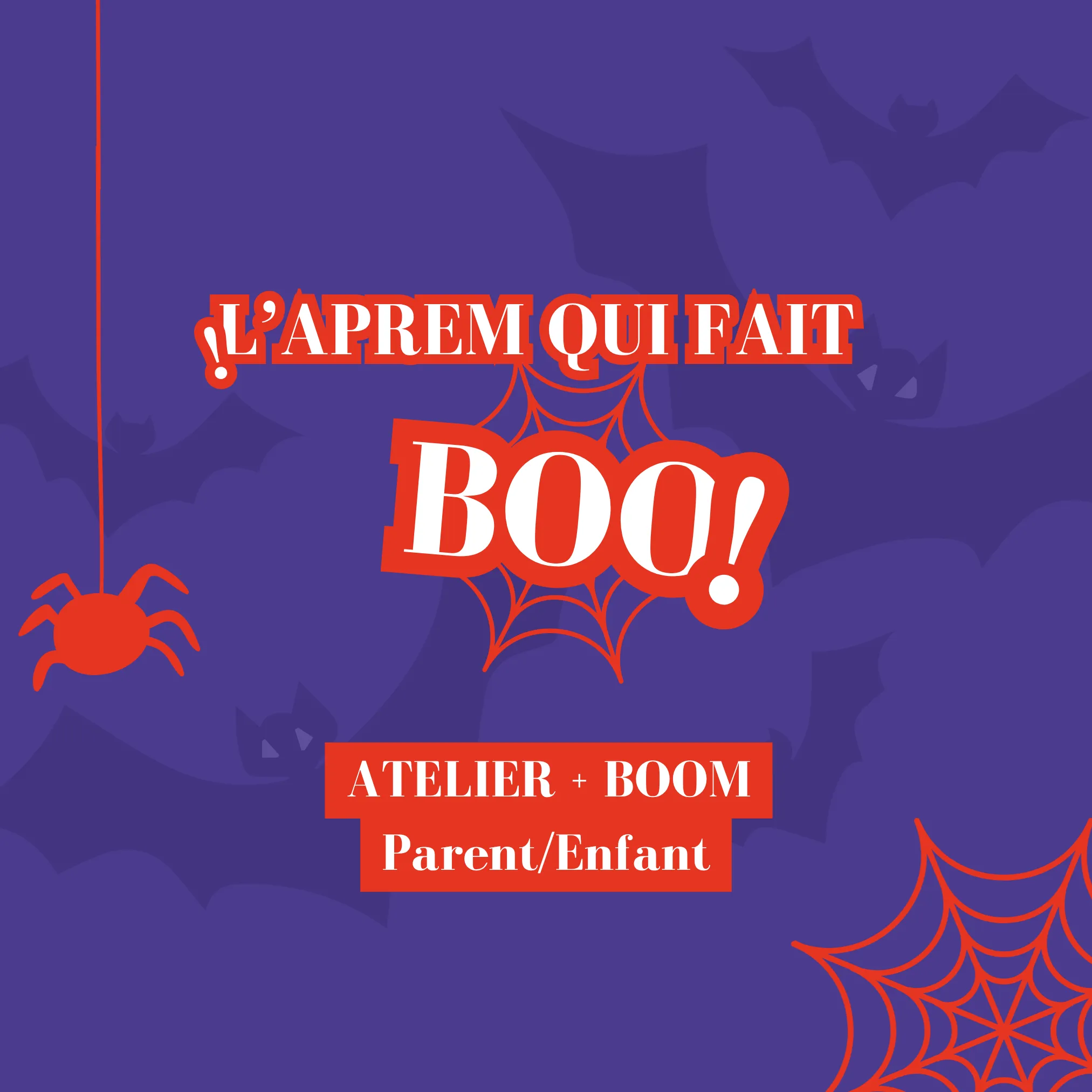 Visuel violet et rouge avec une araignée et sa toile pour l'événement d'halloween