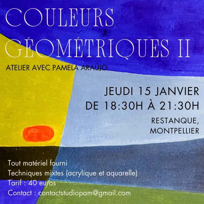 Visuel avec aplats de couleurs dans des formes géométriques, comportant les infos de l'atelier.