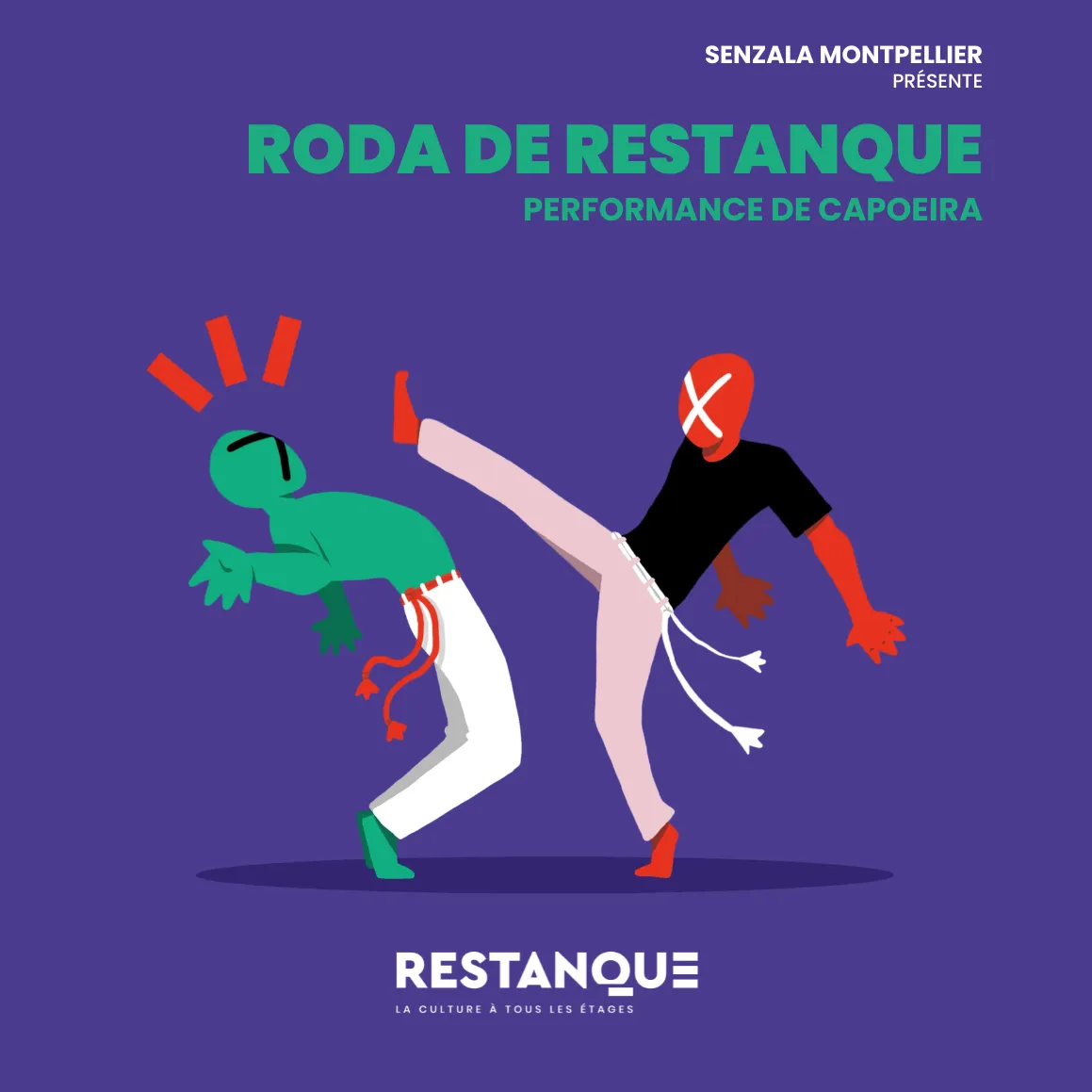 Visuel sur fond violet représentant un personnage de l'artiste Mara en pleine capoeira.