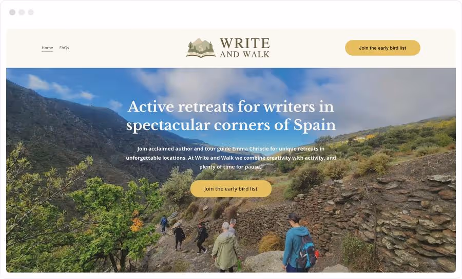 Device mockup of Write and Walk website. Image shows a group of people walking in the Spanish countryside and text reads "Active retreats in spectacular corners of Spain: