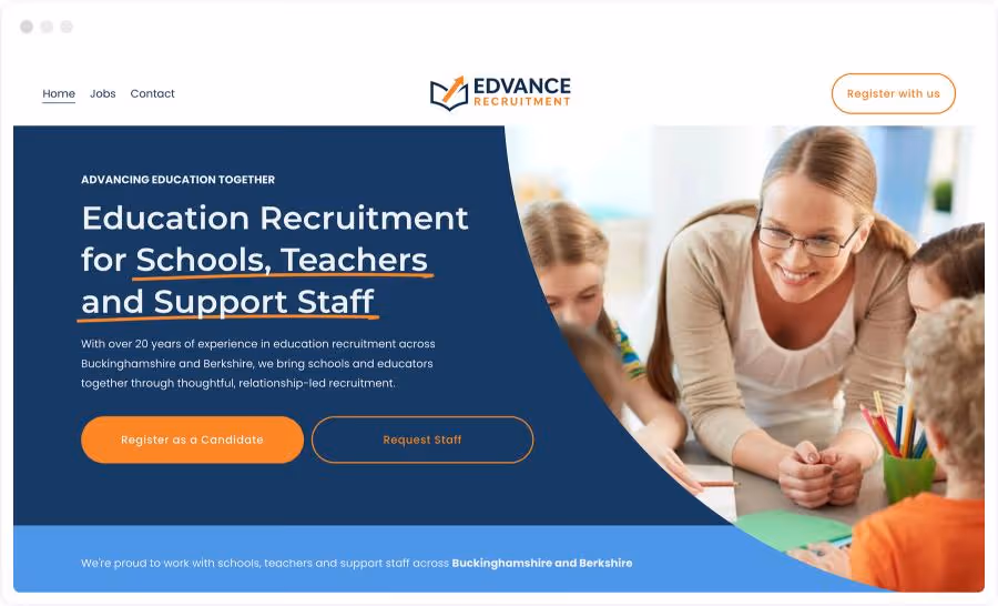 Device mockup of Edvance recruitment website. Text on the left on a blue background reads "Education recruitment for schools, teachers and support staff" and the photo on the right shows a female teacher with students.