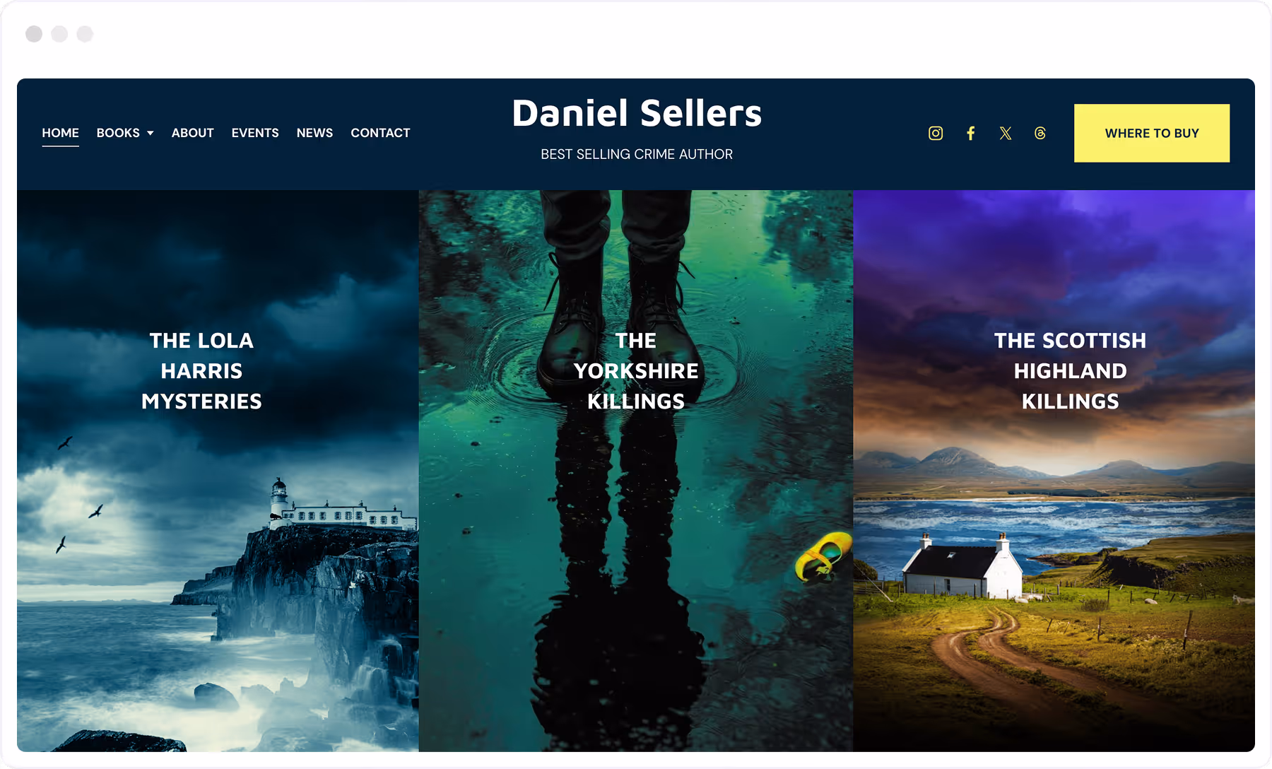 Device mockup of Daniel Seller's website. Website shows three images taking up the full width of Daniel's book covers, with titles of book series on top.