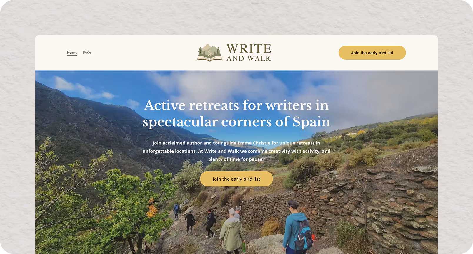 Device Mockup of Write & Walk website on a paper texture background. The website shows a photo of people walking in the mountains with text over the top " Active retreats for writers in spectacular corners of Spain"