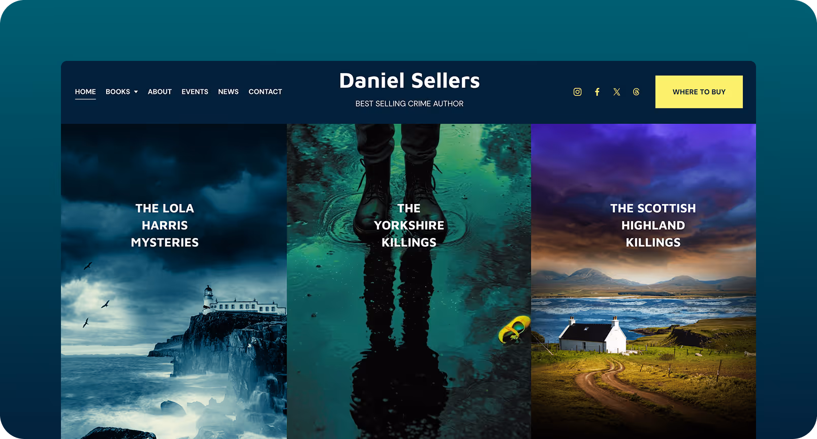 Device mockup of Daniel Sellers' website on a teal and blue gradient background. The website shows book series covers full width the name of Daniel's book series on too.