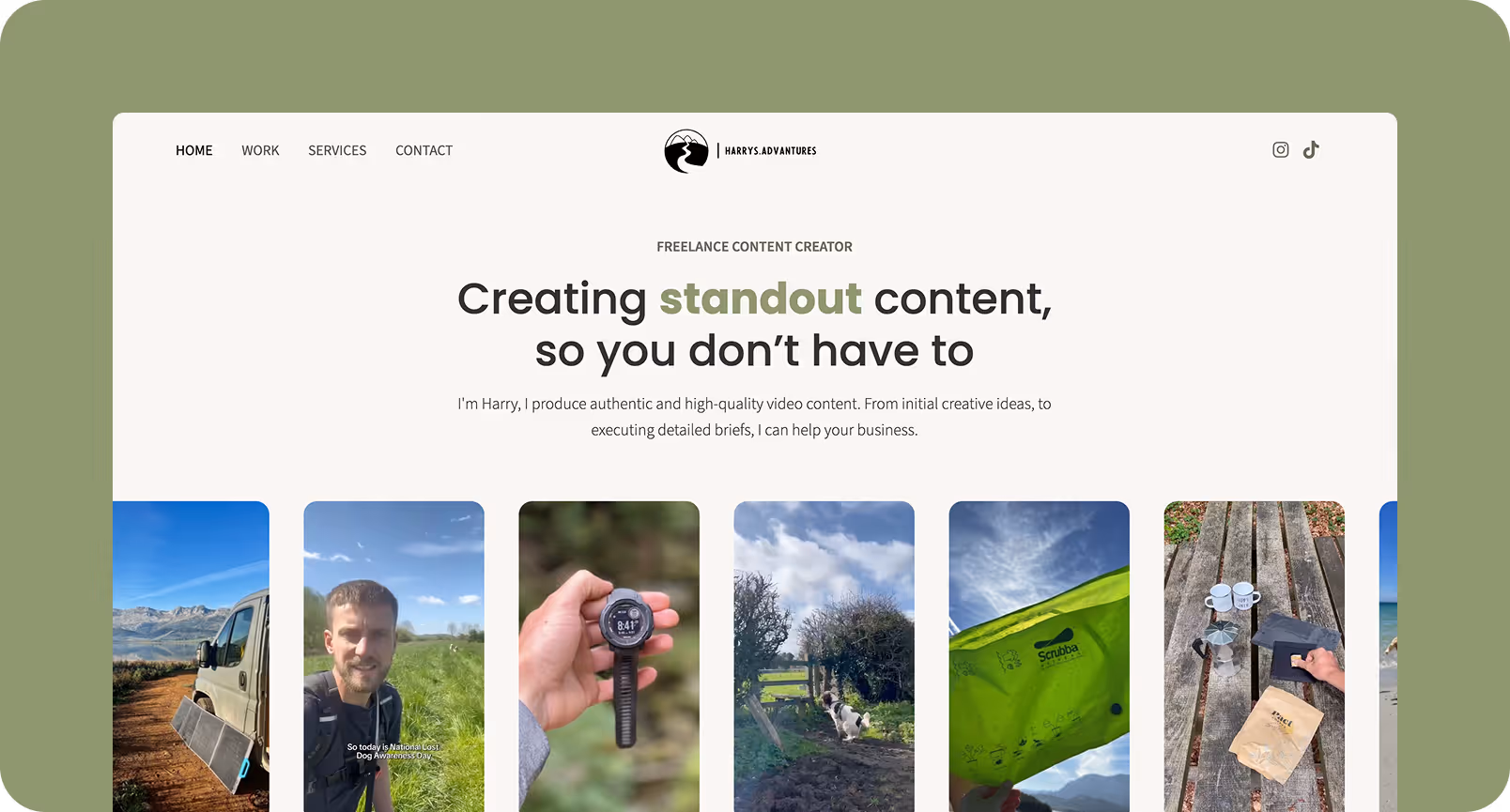 Website mockup of Harry's Advantures site on a green background. Website text says "Creating standout content so you don't have to" with videos of reels in a row below.