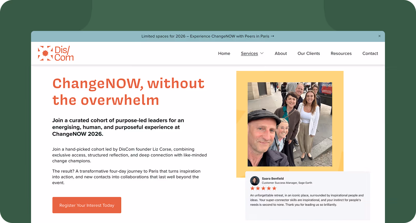 Device mockup of DisCom landing page "ChangeNOW without the overwhelm" and green background with shape on itl